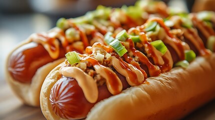 Sriracha Mayo Frank A spicy hot dog drizzled with creamy sriracha mayo and topped with diced scallions