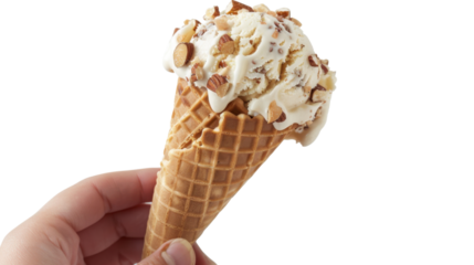 Hand holding melting ice cream cone with almonds on transparent background