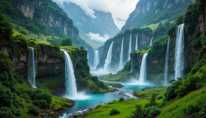 Fototapeta premium Breathtaking waterfalls cascading into turquoise river in lush green valley