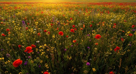 Vibrant wildflowers bathed in warm golden sunlight create a serene summer meadow scene. AI Generated
