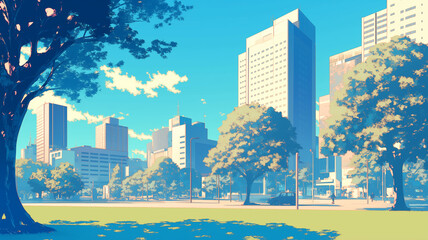 Obraz premium 近未来の都市公園｜高層ビル群と自然が織りなす美しい風景｜透明感のある青空と緑豊かな公園が広がる都会のオアシス