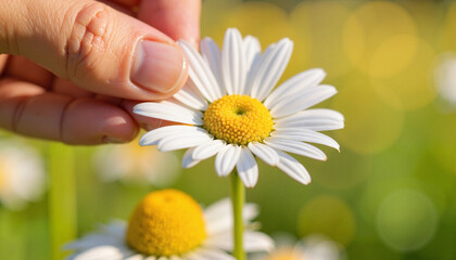Hand gently picking a daisy flower in a sunny field