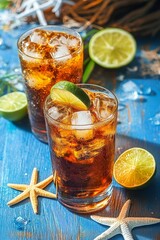 Refreshing Summer Cocktail with Ice and Lime on a Vibrant Wooden Table Surrounded by Starfish and Fresh Ingredients