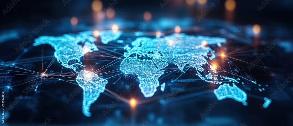 Poster captivating world map with glowing lights on a soft blue background representing global connectivity