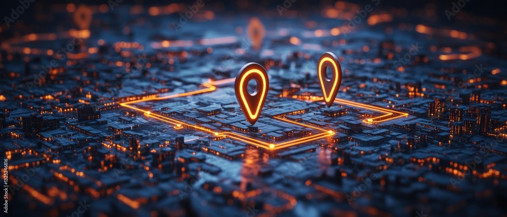 Poster glowing circuit board with orange light indicating technology in artificial intelligence and gps nav