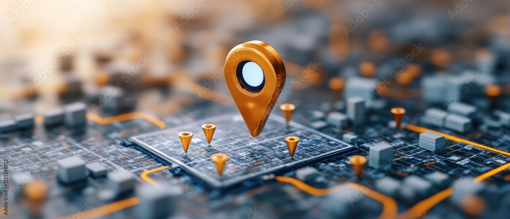Poster map featuring a gold pin pointing to a city location signifying importance in gps technology and nav