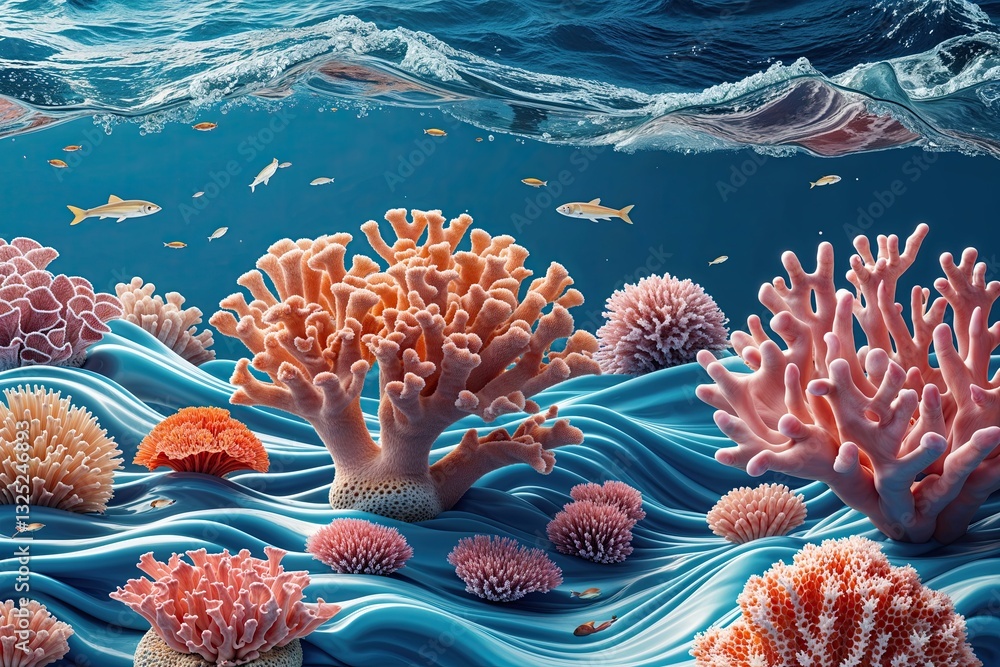 Poster vibrant coral background with dynamic waves and ample untapped space