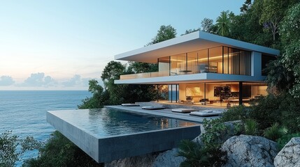 Fototapeta premium Modern cliffside villa with infinity pool overlooking ocean.