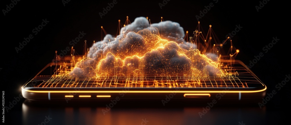 Poster fiery cloud surrounding mobile device symbolizing global internet connectivity and communication exp