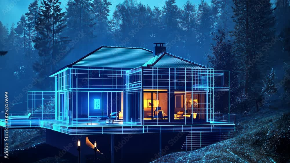 Poster futuristic house design transformation in forest setting with dynamic lighting effects