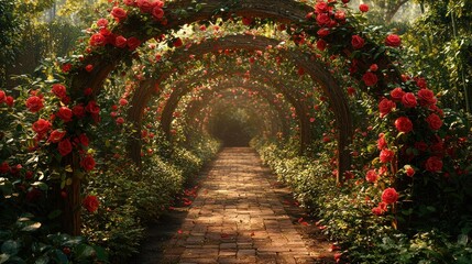 Romantic rose archway path in garden.