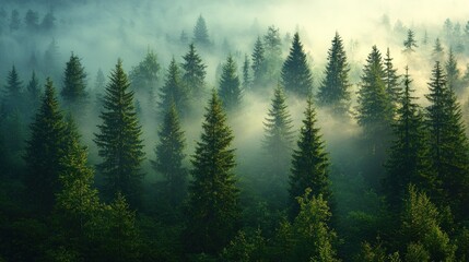 Fototapeta premium Misty sunrise over evergreen forest.