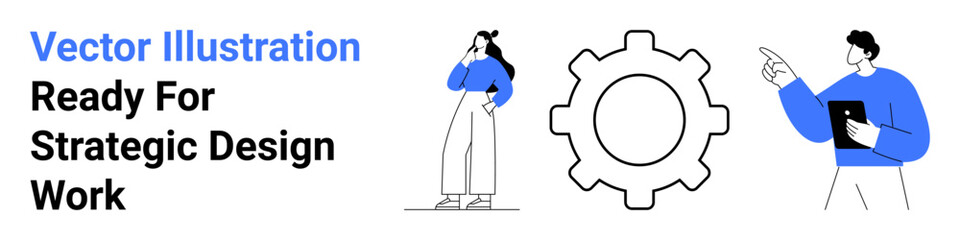 Person thinking with hand on chin, large cogwheel representing ideas, team member holding tablet and pointing. Ideal for teamwork, planning, innovation, collaboration, strategy, brainstorming flat