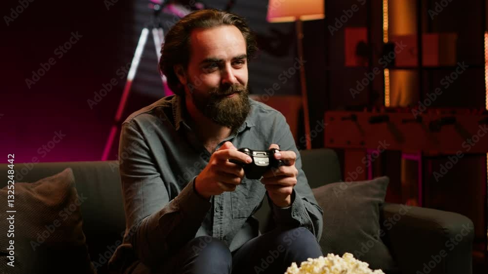Poster excited man holding controller in neon illuminated apartment, playing videogames. happy gamer on cou