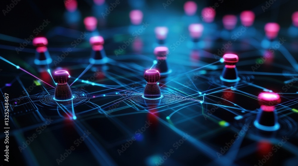 Poster an intricate circuit board design with many lights highlighting the complexity of modern electronics
