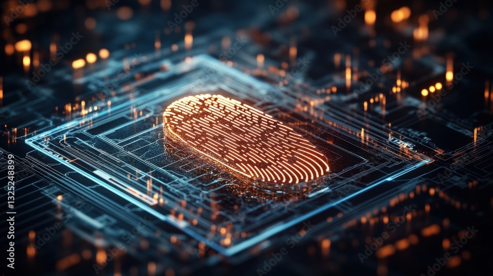 Poster intricate fingerprint pattern overlaying a high-tech circuit board representing modern cybersecurity