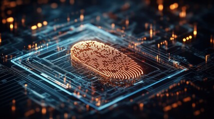 Intricate fingerprint pattern overlaying a high-tech circuit board representing modern cybersecurity concepts