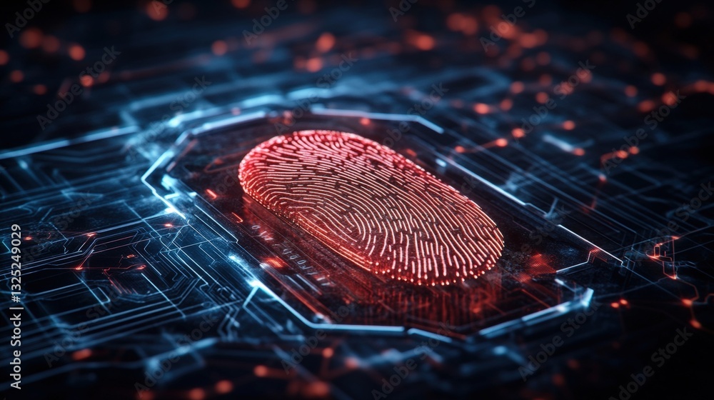 Poster intricate fingerprint pattern overlaying a high-tech circuit board representing modern cybersecurity