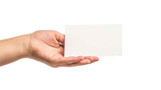 Hand holding blank white card on transparent background