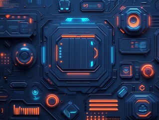 Futuristic tech panel, glowing design, blue and orange