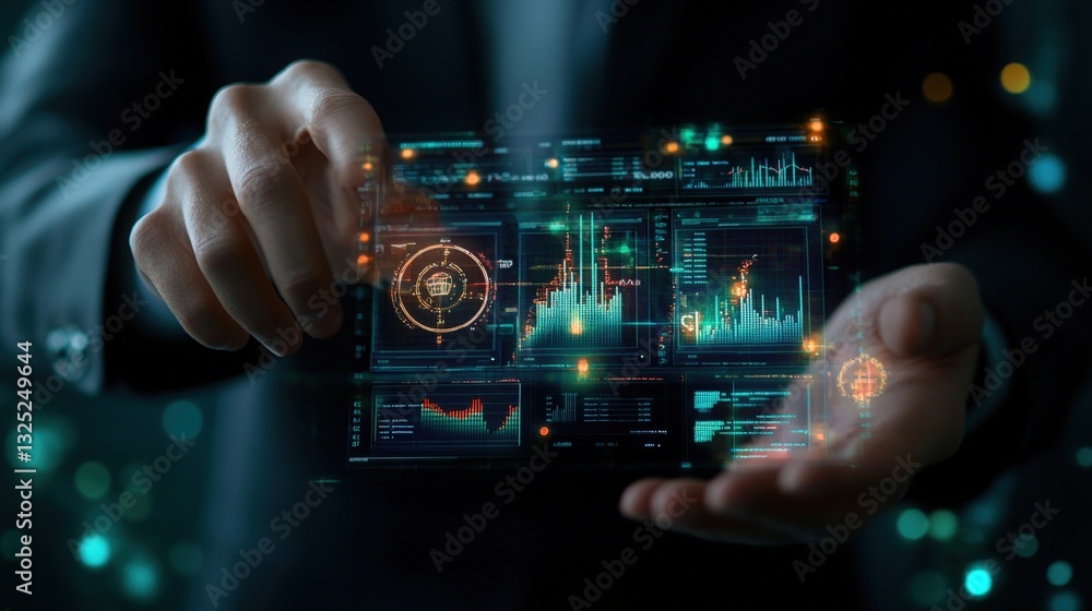 Poster business professional engaging with smartphone displaying digital interface in modern workplace envi
