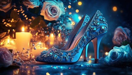 sparkling blue heels amidst a dreamy arrangement of flowers and candles creating a magical ambiance