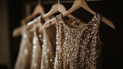 Sequined dresses hanging on wooden hangers in a row