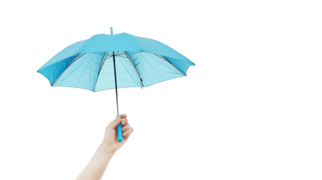 Hand holding open light blue umbrella on transparent background