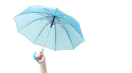 Hand holding a light blue umbrella on transparent background