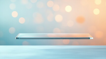 Transparent glass podium, elegant design, illuminated by vibrant light refractions, enhancing a modern ambiance with soft bokeh effects