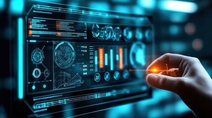 Fototapeta premium Innovative data interface interaction virtual environment digital visualization high-tech setting close-up perspective user experience design