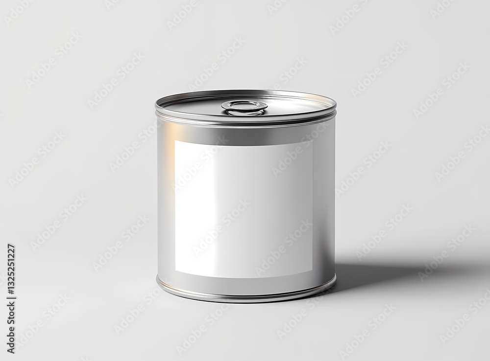 Poster blank can with label: a close-up shot showcases a pristine, blank metallic can with a clean, white l