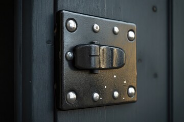 Closeup of a Black Metal Door Latch with Silver Rivets and a Sliding Mechanism