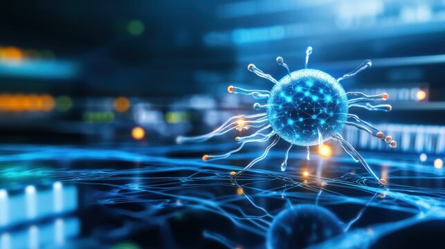 Exploring the dynamics of a virus in a digital environment virtual lab 3d visualization futuristic setting macro view science and technology