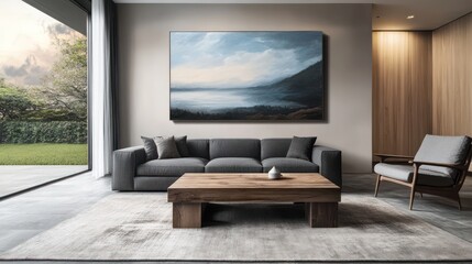 Fototapeta premium A spacious living room with a charcoal gray sofa and a rustic wooden coffee table
