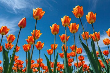 Naklejka premium Bright Orange Tulips Blooming Under Clear Blue Sky in Nature's Beauty