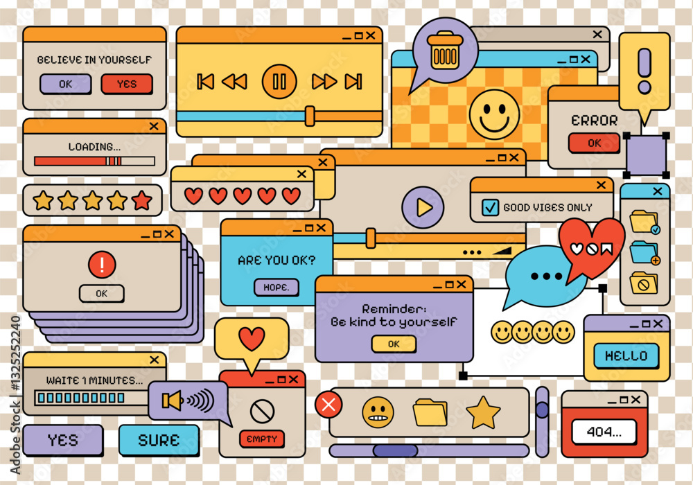 Fototapete retro style y2k ui and ux windows elements flat set. retro frames and computer game elements. nostal