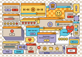 Retro style Y2K UI and UX windows elements flat set. Retro frames and computer game elements. Nostalgic style of 80s, 90s. Cartoon Old computer screen. Retro vector windows Vaporwave.