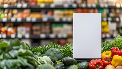 Fresh Grocery Sign: Fresh produce, including vibrant vegetables, frames a blank sign. This creates an enticing advertisement, embodying the freshness and quality available inside the supermarket.