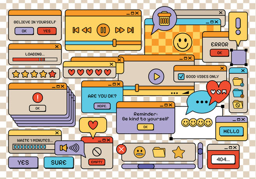 Retro style Y2K UI and UX windows elements flat set. Retro frames and computer game elements. Nostalgic style of 80s, 90s. Cartoon Old computer screen. Retro vector windows Vaporwave.
