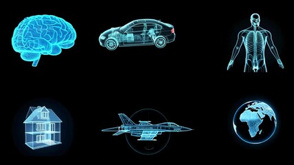 Set of 6 different holograms rotating in 3d, brain, globe, Ev, car, jet fighter plane, aircraft, house, and human body isolated on black background. 4k shot - Powered by Adobe