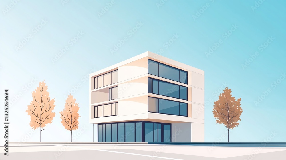 Poster modern architecture illustration of a minimalist building with trees