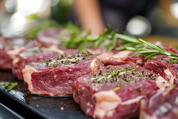 Obraz premium Juicy seasoned beef steaks ready for grilling with rosemary