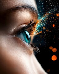 Breathtaking abstract portrait of a female with a bold colorful digital paint splash featuring ethereal and glowing surrealist digital art inspired elements