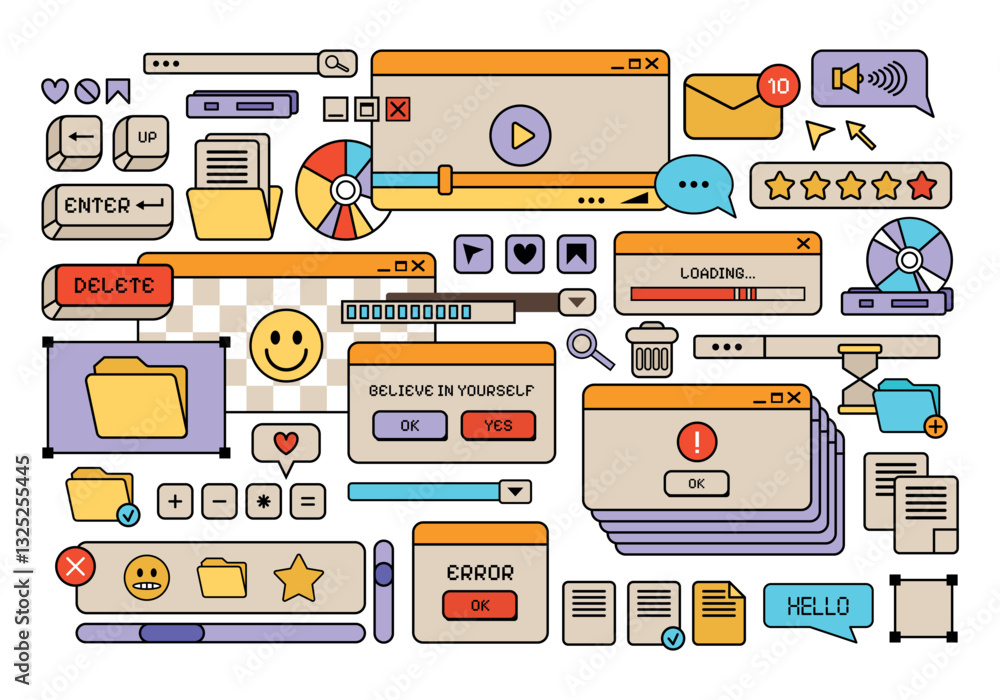 Fototapete retro style y2k ui and ux elements flat set. retro frames and computer game elements. nostalgic styl