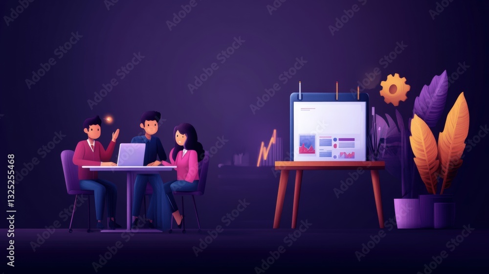 Poster two professionals collaborating at a table with a laptop analyzing seo metrics in a modern office en