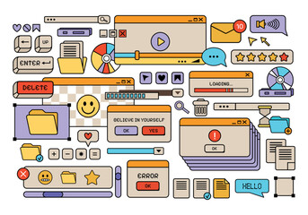 Retro style Y2K UI and UX elements flat set. Retro frames and computer game elements. Nostalgic style of 80s, 90s. Cartoon Old computer screen. Retro vector windows Vaporwave.