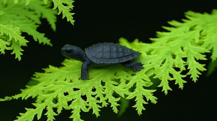 Obraz premium Baby turtle climbing fern, dark background, nature