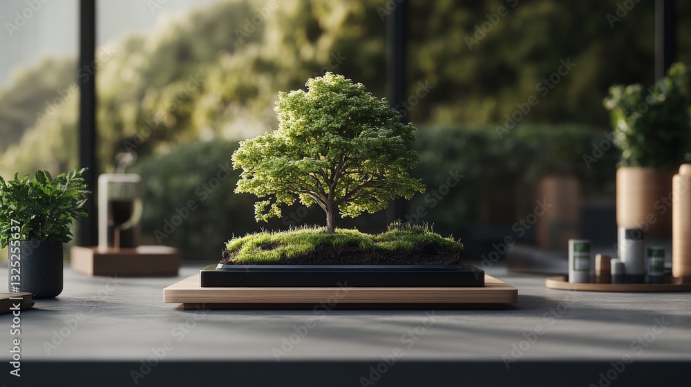 Aufkleber a bonsai tree in a pot displayed on a desk adding a unique touch of nature to a professional office 