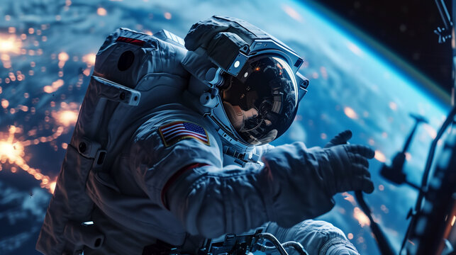 Close view of an astronaut is repairing a satellite in space.